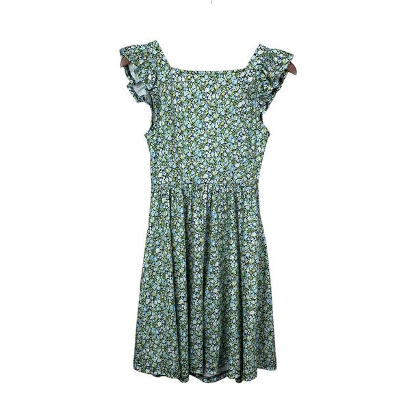 Loemes Dress Blue Green Floral Sundress Flutter Sleeves Pockets Boho Women's S - Picture 6 of 8